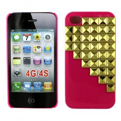 iPhone 4 4S 3D Pyramid Studs Case (Gold - Pink)